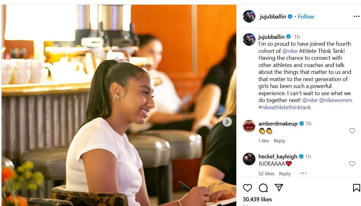 Kayleigh Heckel hails former USc teammate JuJu Watkins following Nike announcement on IG. Image via @jujubballin